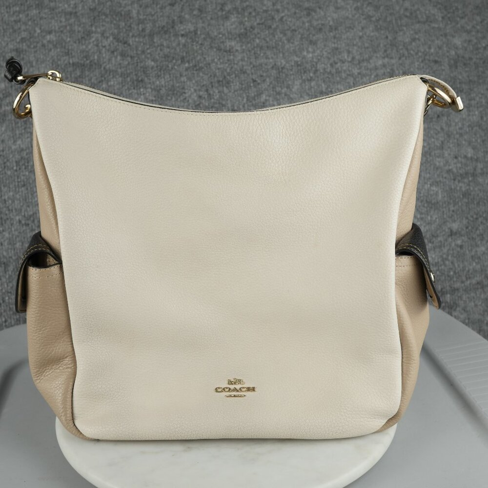Coach 6154 Pebbled Leather Shoulder Tote Bag Colorblock Cream Tan Black